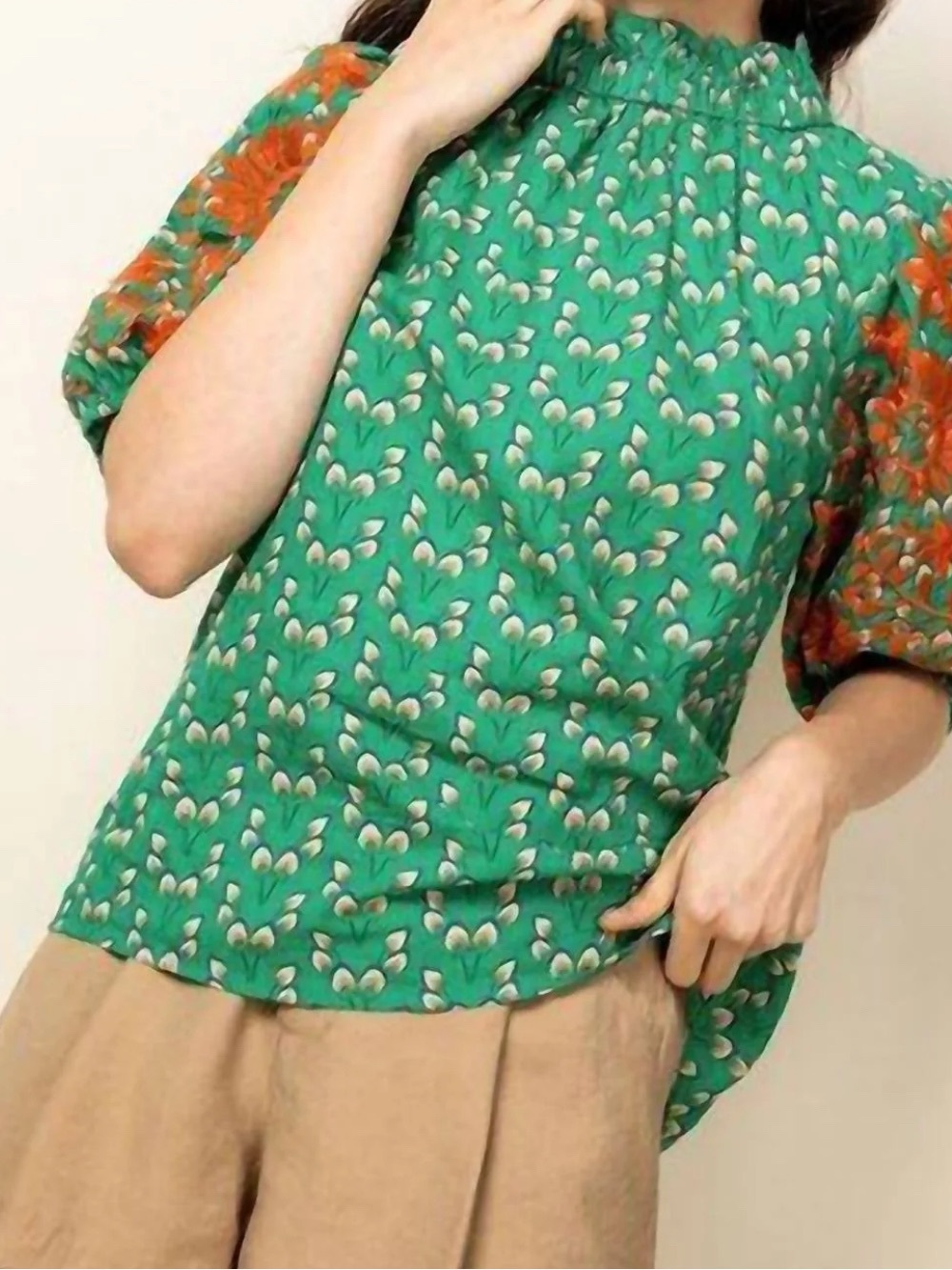 THML Full of Fire Women's Embroidered Puff Sleeve Top Green Orange Size Small
